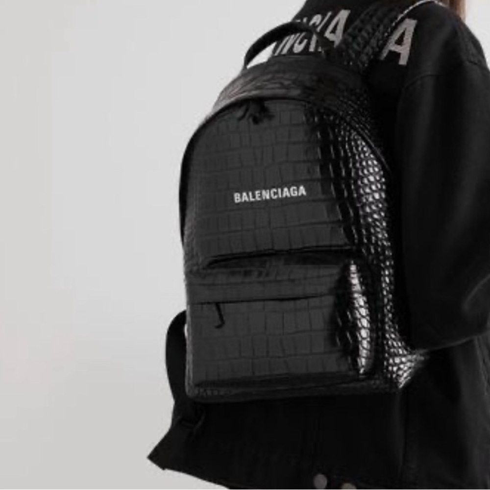 Balenciaga Black Croc-Embossed Leather Backpack with Front Pocket - Unisex